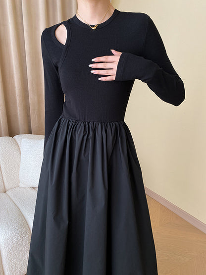 xakxx A-Line Long Sleeves Elasticity Hollow Solid Color Split-Joint Round-Neck Midi Dresses