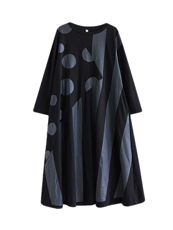 xakxx A-Line Long Sleeves Asymmetric Polka-Dot Split-Joint Striped Round-Neck Midi Dresses