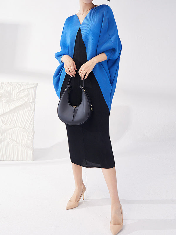 xakxx Batwing Sleeves Loose Contrast Color Pleated Round-Neck Midi Dresses