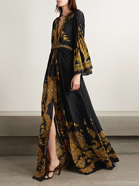 xakxx Flared Sleeves Loose Contrast Color Printed Split-Front Maxi Dresses