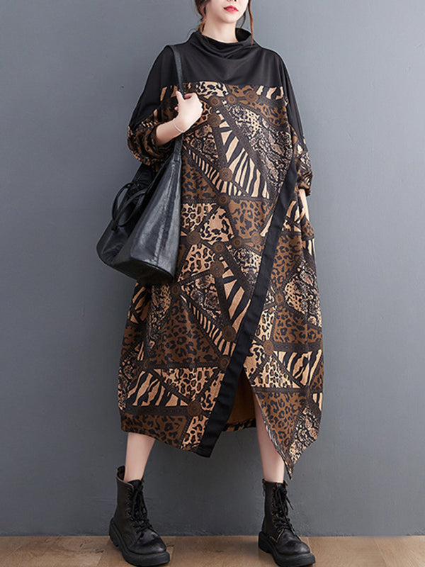 xakxx Long Sleeves Loose Asymmetric Printed Split-Front Split-Joint Mock Neck Midi Dresses