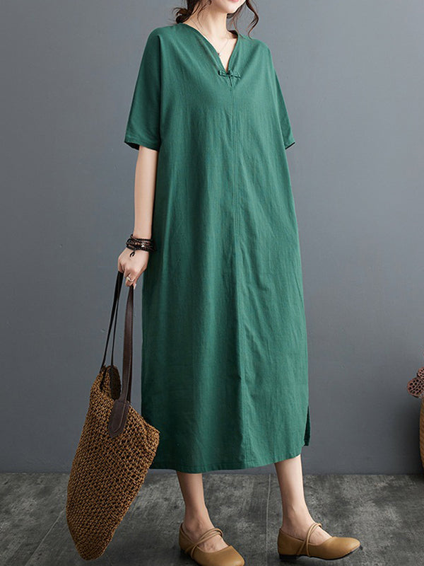 xakxx A-Line Loose Chinese Frog Buttons Pockets Solid Color Split-Side V-Neck Midi Dresses