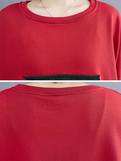xakxx Artistic Retro Loose Triangle Applique Contrast Color Round-Neck Long Raglan Sleeves Sweatshirt
