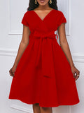 xakxx Bowknot Lace-Up Solid Color V-Neck Midi Dresses