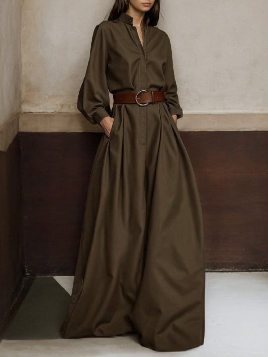 xakxx Long Sleeves Loose Buttoned No Belt Solid Color V-neck Jumpsuits
