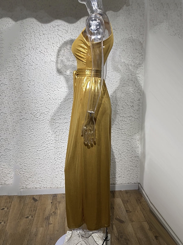 xakxx High Waisted Wide Leg Solid Color One-Shoulder Jumpsuits