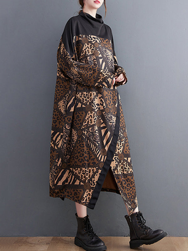 xakxx Long Sleeves Loose Asymmetric Printed Split-Front Split-Joint Mock Neck Midi Dresses