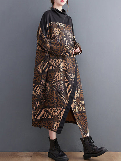 xakxx Long Sleeves Loose Asymmetric Printed Split-Front Split-Joint Mock Neck Midi Dresses
