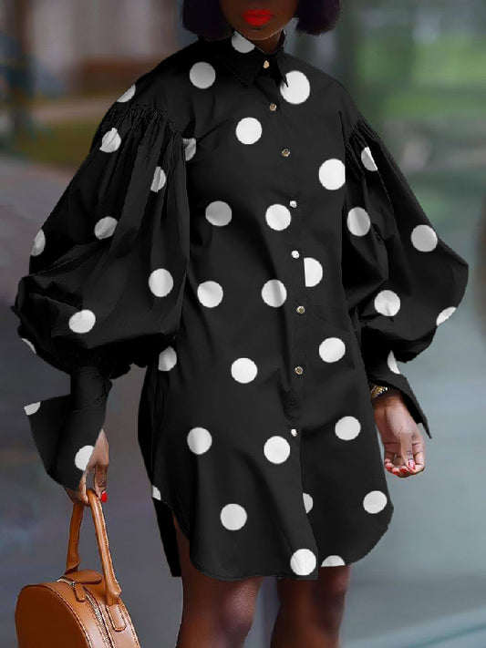 xakxx Loose Puff Sleeves Polka Dot Split-Side Lapel Mini Dresses Shirt Dress