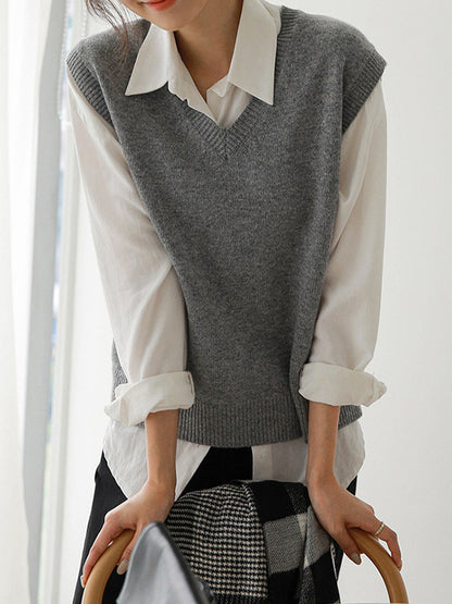 xakxx Casual Loose Sleeveless Solid Color V-Neck Sweater Vest Outerwear