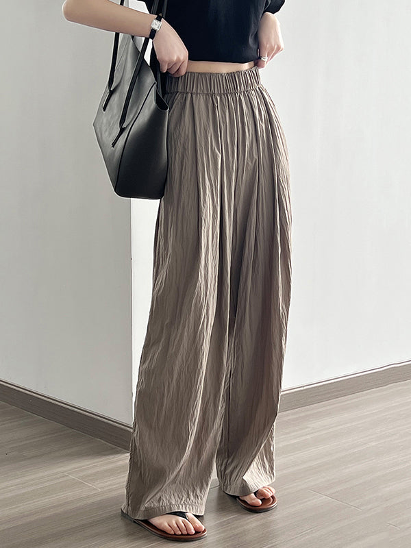 xakxx High Waisted Wide Leg Elasticity Pleated Solid Color Casual Pants Bottoms Trousers
