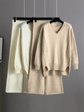 xakxx Stylish Loose Long Sleeves Solid Color V-Neck Sweater Tops& Wide Leg Pants Two Pieces Set