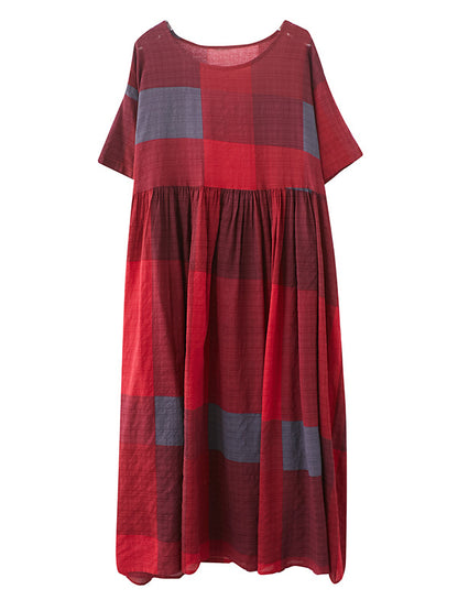 xakxx Artistic Retro Loose Color-Block Pleated Round-Neck Half Sleeves Midi Dress