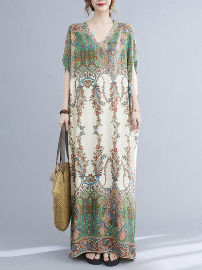 xakxx Vintage Floral Printed V-Neck Batwing Sleeves H-Line Maxi Dress