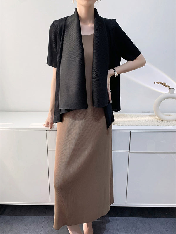 xakxx Loose Short Sleeves Pleated Solid Color Collarless Outerwear
