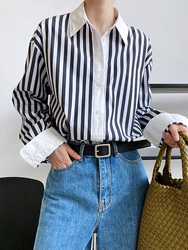 xakxx Simple Long Sleeves Contrast Color Striped Lapel Blouse Top