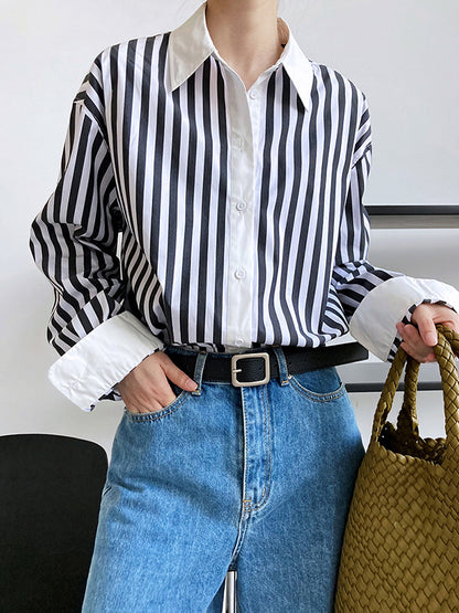 xakxx Simple Long Sleeves Contrast Color Striped Lapel Blouse Top