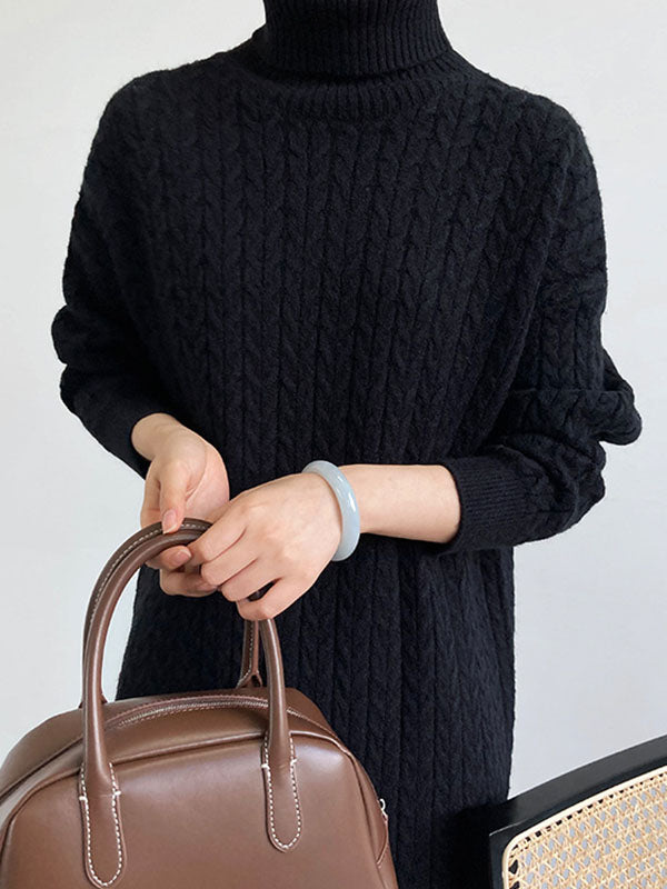 xakxx Stylish Loose Long Sleeves Solid Color High-Neck Twist Sweater Dresses