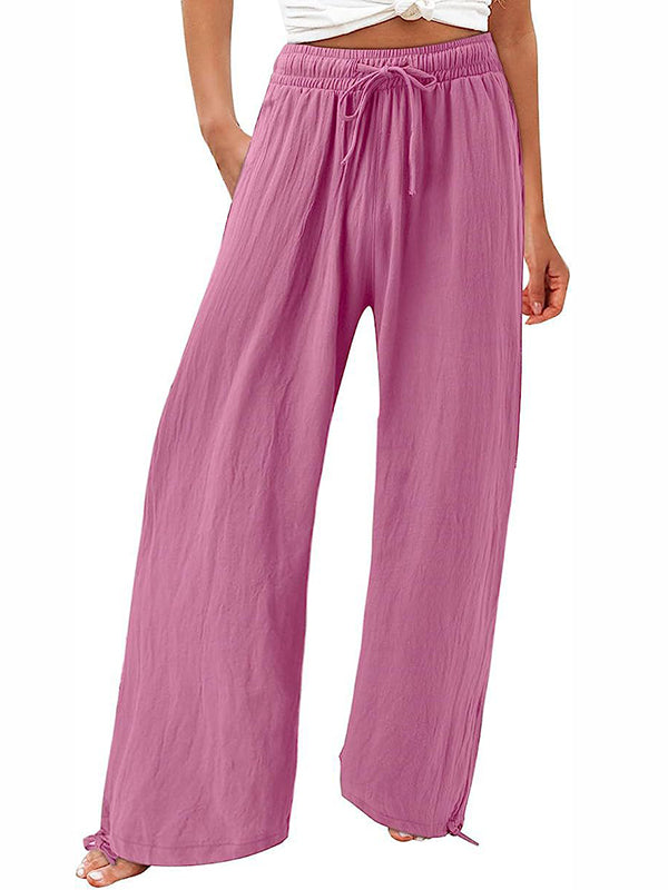xakxx Loose Wide Leg Drawstring Elasticity Solid Color Pants Trousers