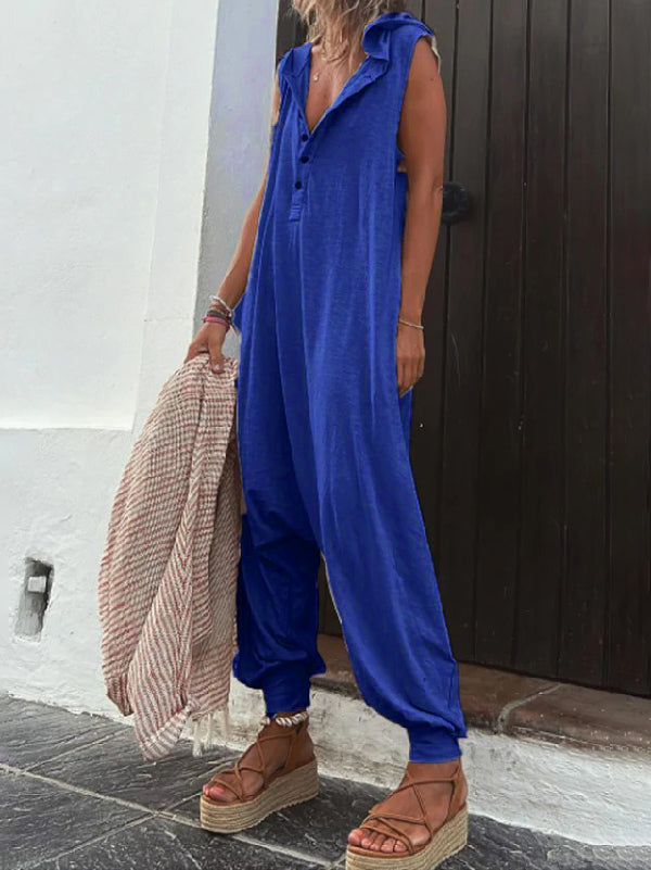 xakxx Loose Sleeveless Buttoned V-Neck Jumpsuits