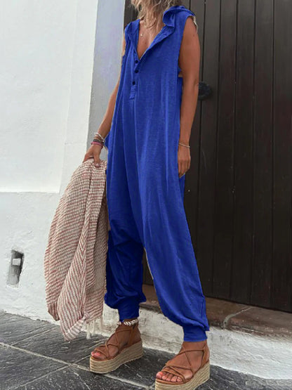xakxx Loose Sleeveless Buttoned V-Neck Jumpsuits
