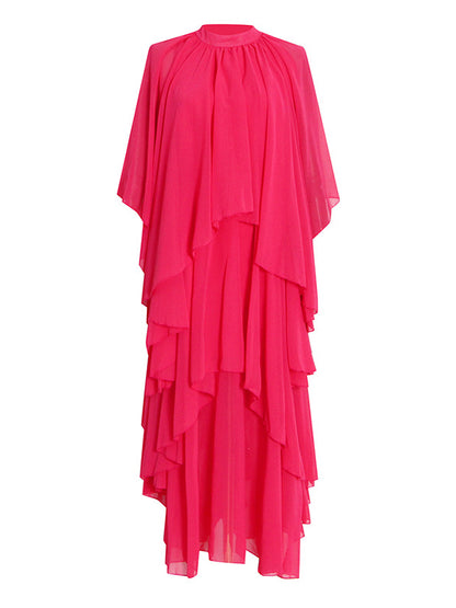 xakxx Loose Raglan Sleeve Solid Color Tiered Stand Collar Maxi Dresses