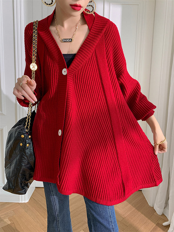 xakxx Stylish A-Line Long Sleeves Loose Solid Color V-Neck Cardigan Tops