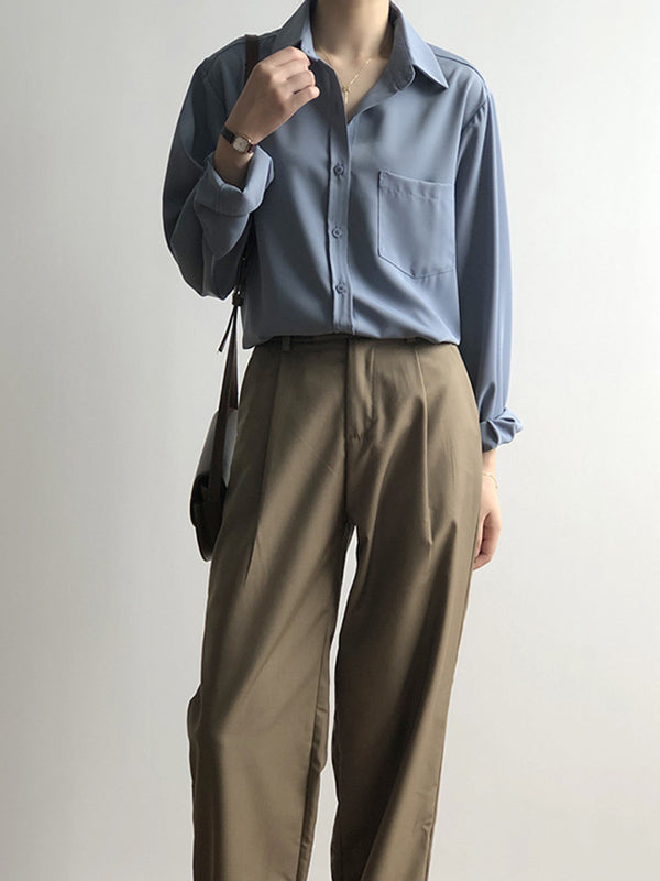 xakxx Urban Solid Color Lapel Long Sleeves Blouse