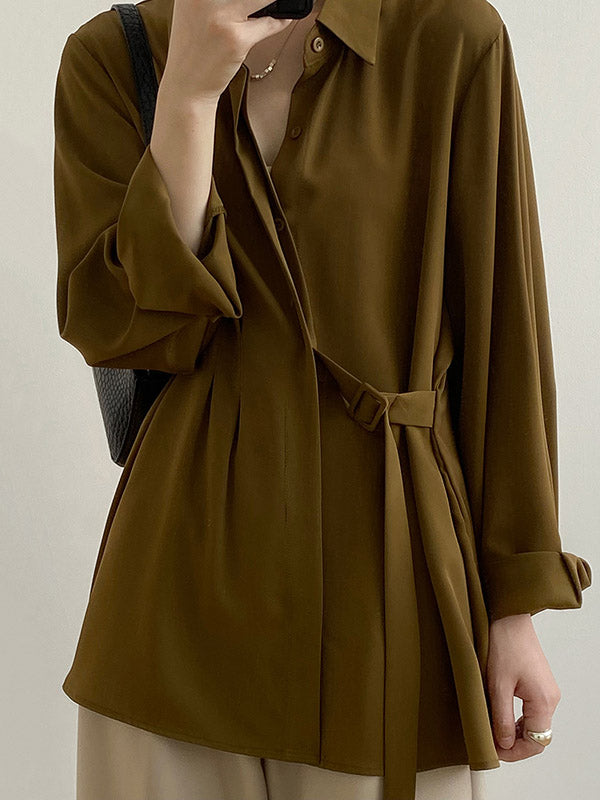 xakxx Office Loose Long Sleeves Lace-Up Solid Color Lapel Blouses
