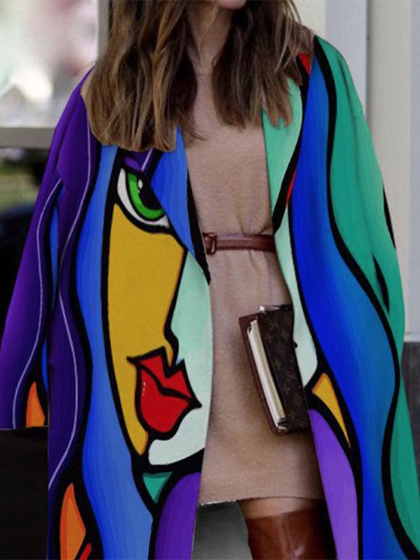 xakxx Long Sleeves Loose Contrast Color Figure Notched Collar Outerwear Woolen Coat