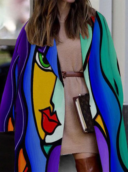 xakxx Long Sleeves Loose Contrast Color Figure Notched Collar Outerwear Woolen Coat