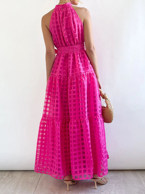 xakxx Loose Sleeveless Plaid Ribbed Stand Collar Maxi Dresses