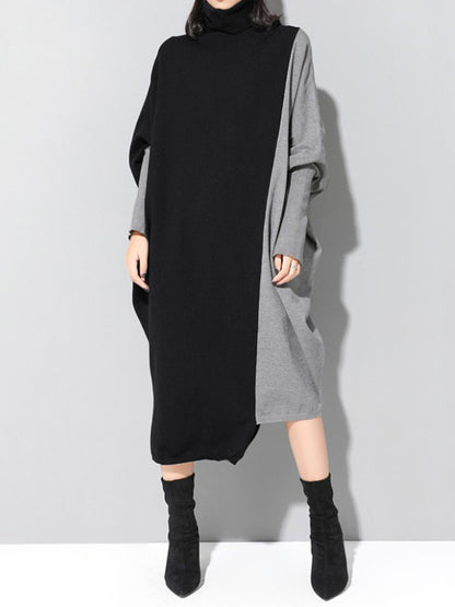 xakxx Casual Loose Split-Joint Contrast Color High-Neck Long Sleeves Dress