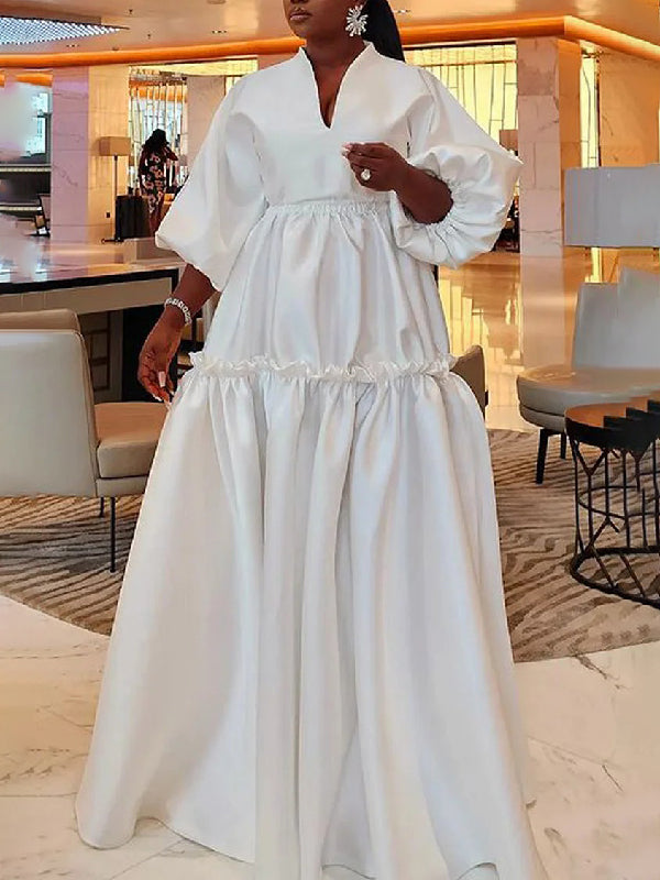 xakxx High Waisted Puff Sleeves Falbala Solid Color V-Neck Maxi Dresses