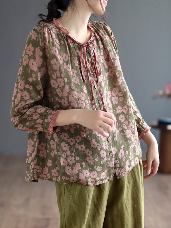 xakxx Long Sleeves Loose Floral Printed Lace-Up Round-Neck Blouses&Shirts Tops