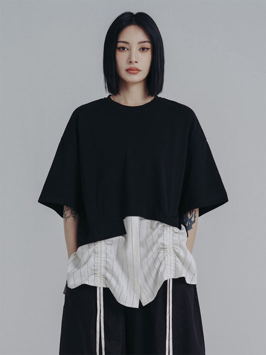 xakxx Urban Striped Drawstring Split-Joint False Two Split-Joint T-Shirt