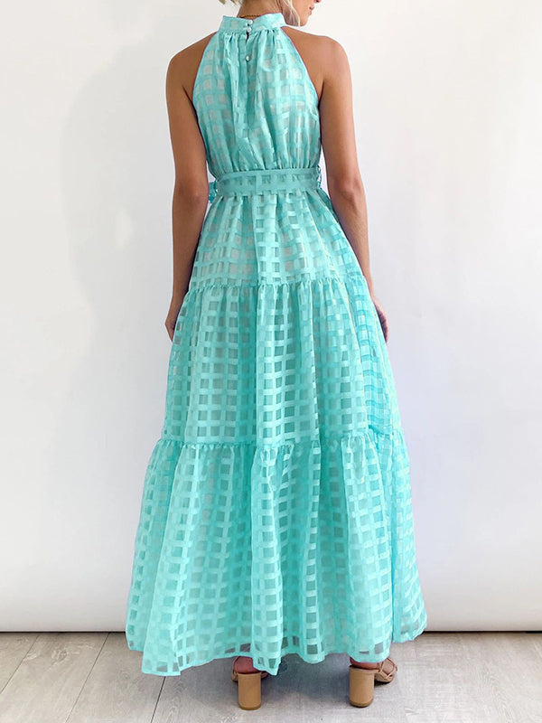 xakxx Loose Sleeveless Plaid Ribbed Stand Collar Maxi Dresses