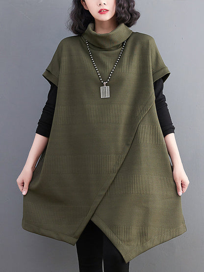 xakxx Short Sleeves Asymmetric Solid Color Split-Front High-Neck Knitwear Mini Dresses