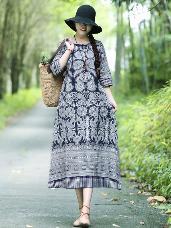 xakxx Vintage Cotton Blend Printing Midi Dresses