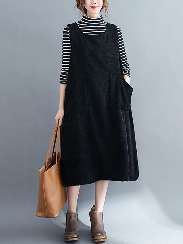 xakxx Corduroy Sleeveless Split-Joint Round-Neck Midi Dress