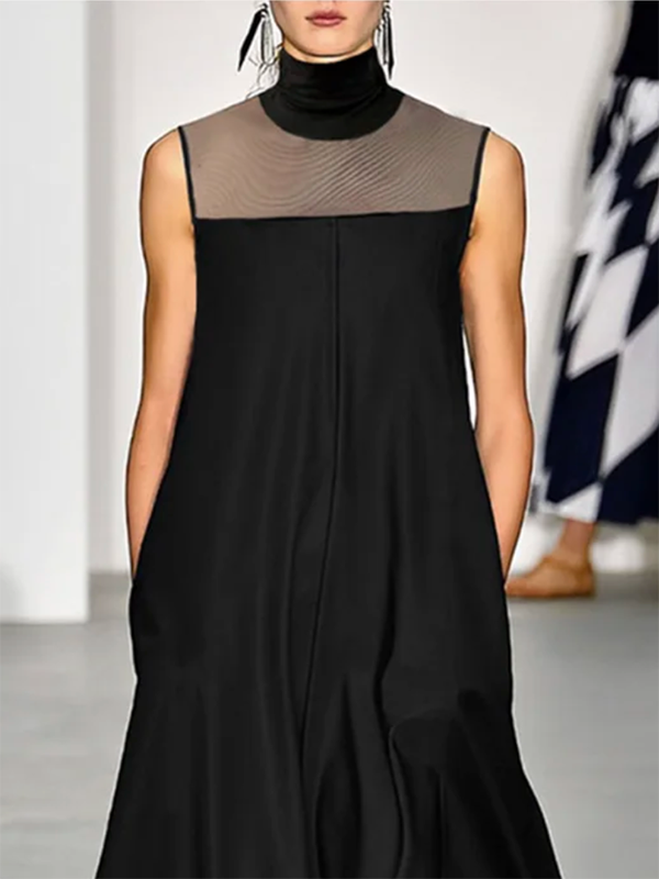 xakxx Loose Sleeveless See-Through Solid Color Split-Joint High-Neck Maxi Dresses