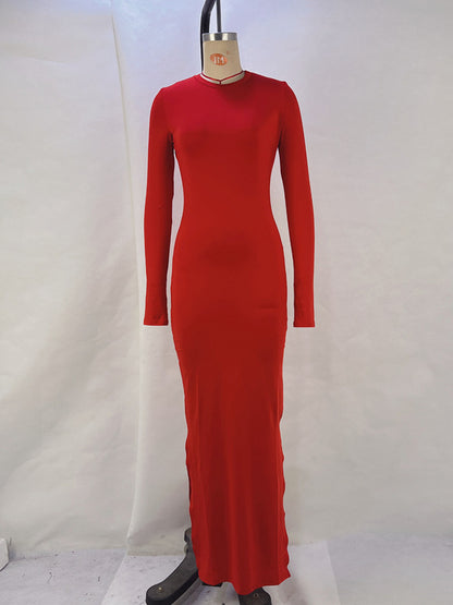 xakxx Bodycon Long Sleeves Solid Color Split-Side Round-Neck Maxi Dresses