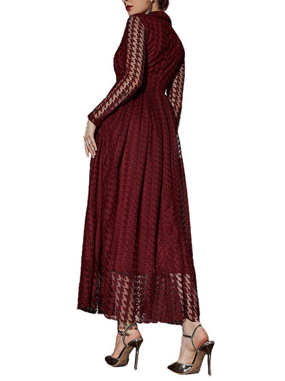 xakxx High Waisted Long Sleeves Buttoned Gauze See-Through Solid Color V-Neck Maxi Dresses