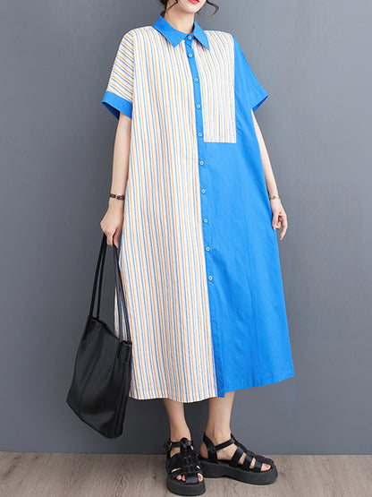 xakxx Loose Short Sleeves Asymmetric Split-Joint Striped Lapel Midi Dresses Shirt Dress