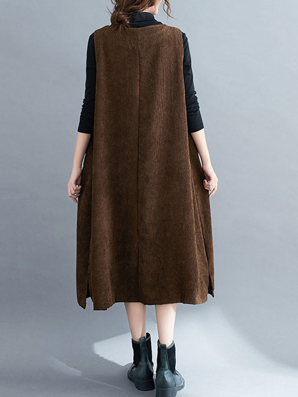 xakxx Corduroy Sleeveless Split-Joint Round-Neck Midi Dress