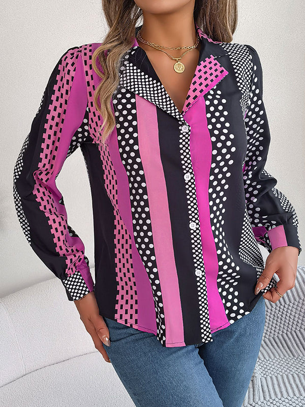 xakxx Long Sleeves Buttoned Contrast Color Polka-Dot Notched Collar Blouses&Shirts Tops