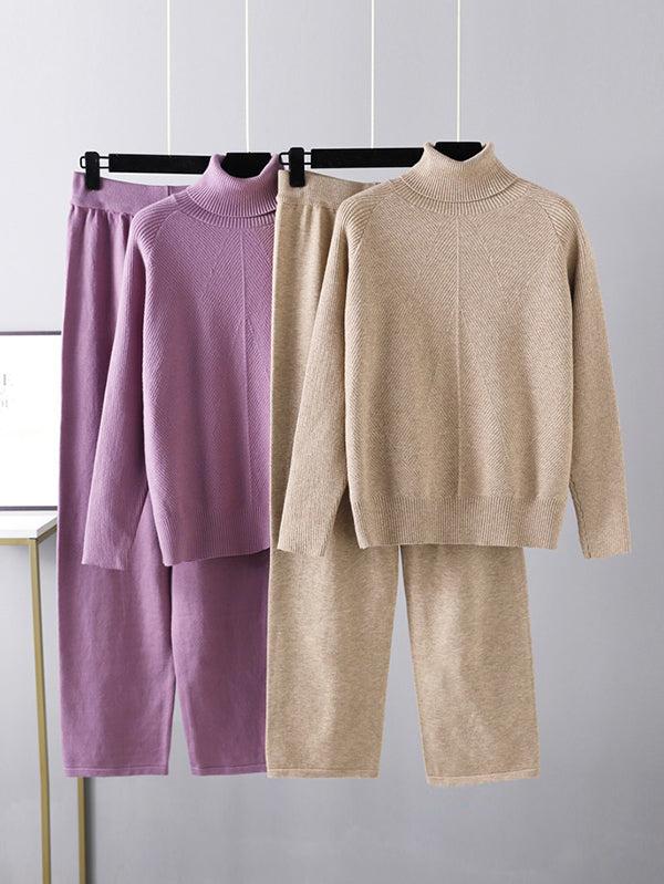 xakxx Urban Long Sleeves Loose Solid Half Turtleneck Sweater Tops & Wide Leg Pants Two Pieces Set