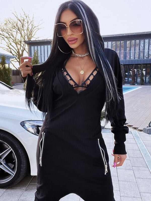 xakxx V-Neck Hollow Hooded Pocket Long Sleeve  Athletic Jumpsuit
