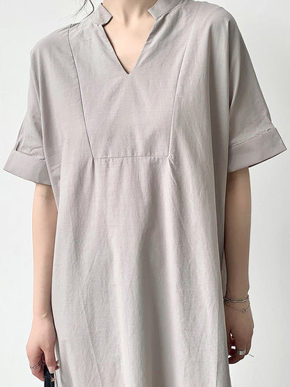 xakxx Loose Short Sleeves Solid Color V-Neck Maxi Dresses