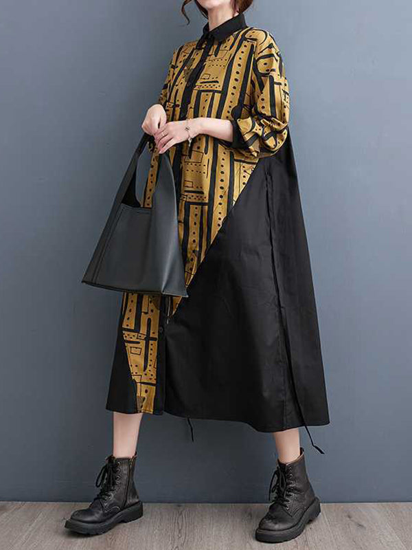 xakxx A-Line Long Sleeves Asymmetric Contrast Color Printed Warp Knitting Lapel Midi Dresses Shirt Dress